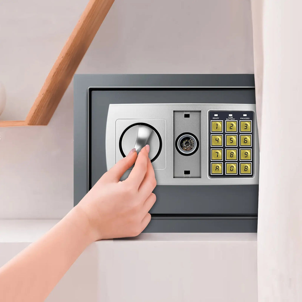 Sichere Heimsafes, Safe mit Digital-Tastatur, 8,5 L Elektronischer Sicherheitsschrank mit Schlüssel, Vollstahl-In-Wand-Heim- und Bürosafe, Grau