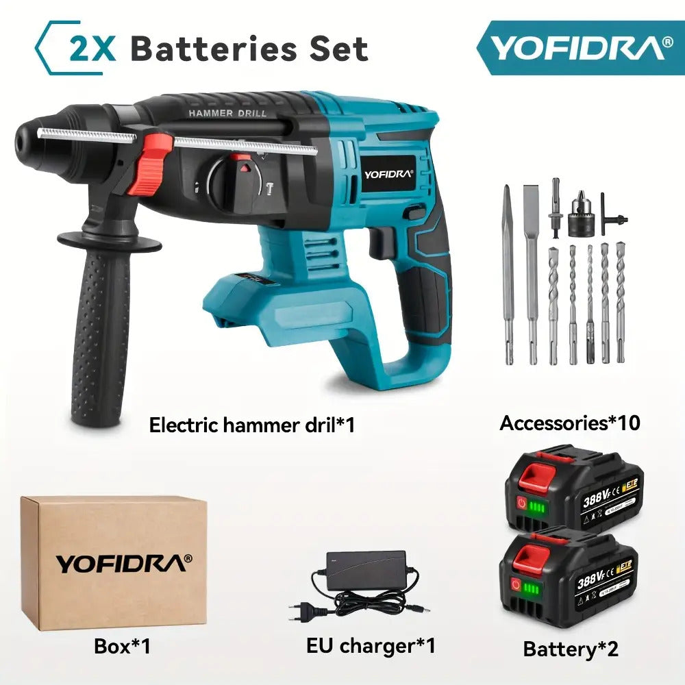 Brushless Elektro-Hammerbohrer, 26mm mit Bohrer, 4-Gang Akku-Schlagbohrmaschine für Beton, Stahl und Holz, kompatibel mit YOFIDRA-Akku
