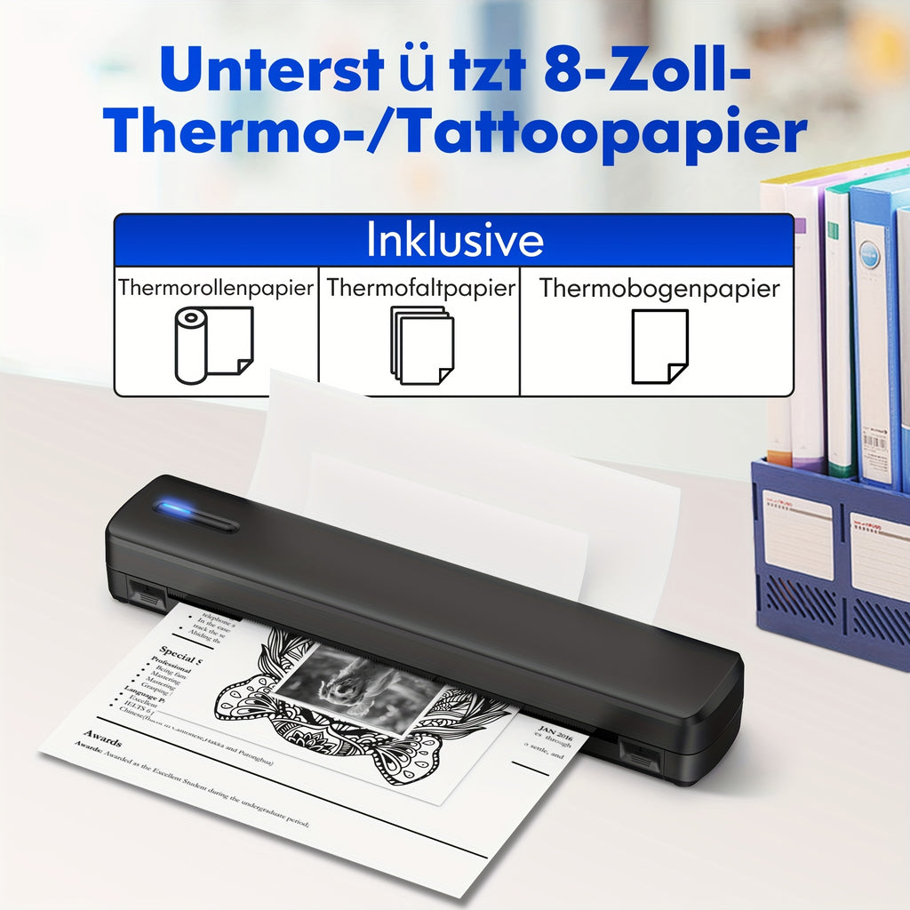 Tragbarer Tintenloser Drucker, Reise-Drahtloser Drucker, Thermischer Tattoo-Druckmaschine, Unterstützt A4 und US-Letter-Thermopapier, Kompatibel mit Smartphones und Laptops, Ideal für Business, Reisen, Büro & Zuhause