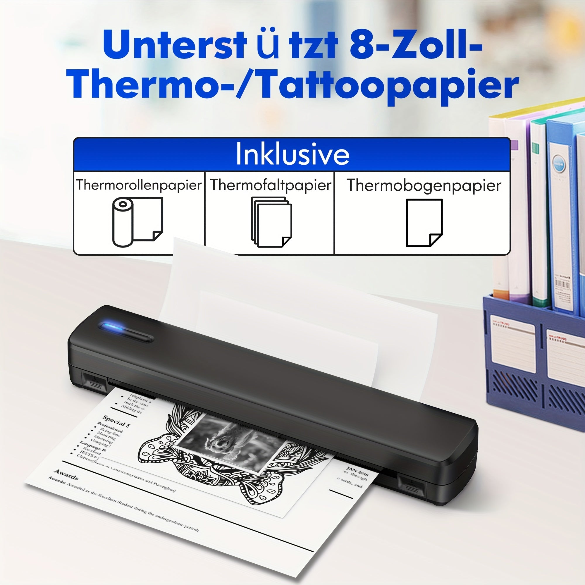 Tragbarer Tintenloser Drucker, Reise-Drahtloser Drucker, Thermischer Tattoo-Druckmaschine, Unterstützt A4 und US-Letter-Thermopapier, Kompatibel mit Smartphones und Laptops, Ideal für Business, Reisen, Büro & Zuhause