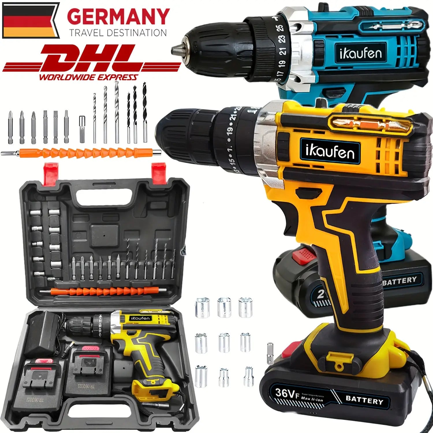 3-in-1 Schwarzer Impact-Bohrer mit 36V wiederaufladbarem Akku, Kapazität 2,0Ah und 2,0Ah/1,0Ah Kombipack - ergonomische Handhabung, LED-Licht, 12+ Zubehör für Heimwerker, Bau, DIY-Projekte, Baugeräte, schlanker Werkzeugdesign, langlebige Konstruktion