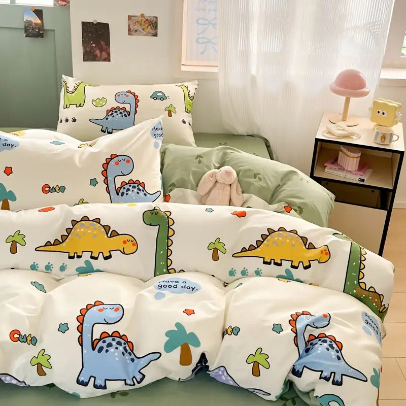 Vier Jahreszeiten Hautfreundlicher Druck Dinosaurier Park Fleece Set, 100% Baumwolle, Inklusive 1 Bettdecke + 2 Kissenbezüge + 1 Spannbettlaken, Weich und atmungsaktiv, Schweißableitend, Einfach aber elegant, Maschinenwaschbar