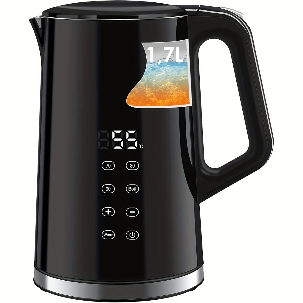 1.7L Stainless Steel Electric Kettle with Digital Temperature Control (40-100°C), Double-Wall Insulated, Dry Run Protection, BPA-Free, Black - Perfect for Home and Commercial Use