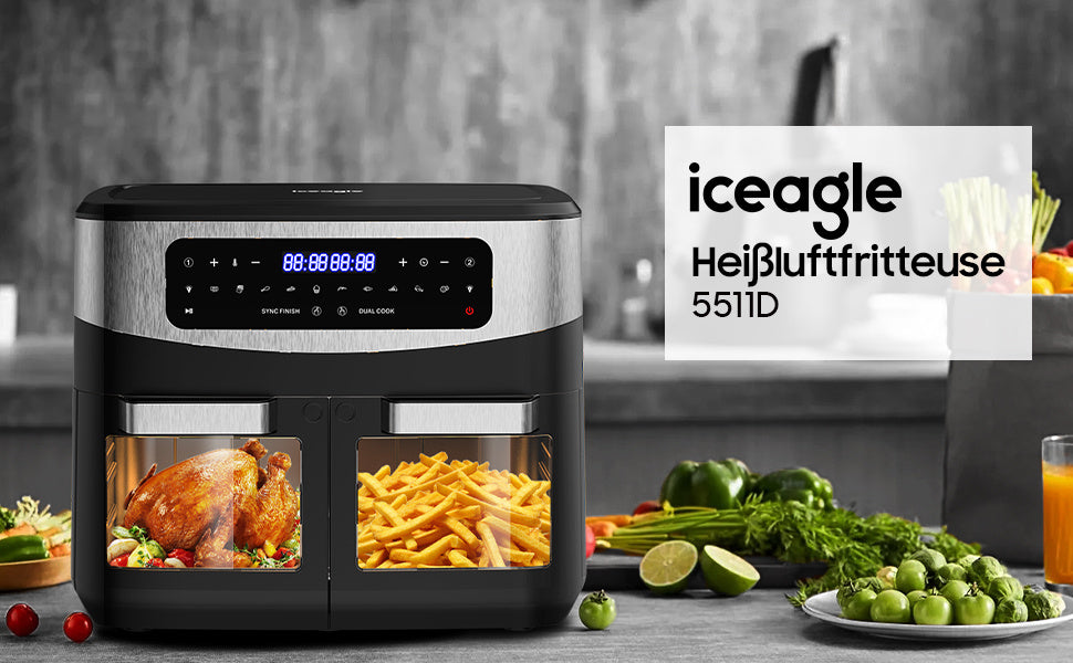 Heißluftfritteuse Doppelkammer Airfryer 12L - Heissluftfriteuse XXL Friteuse mit Sichtfenster, LED Touchscreen, 2 Fächer, 10 Programmen, Sync Finish & Dual Cook, Dörrer Funktion, 2600W