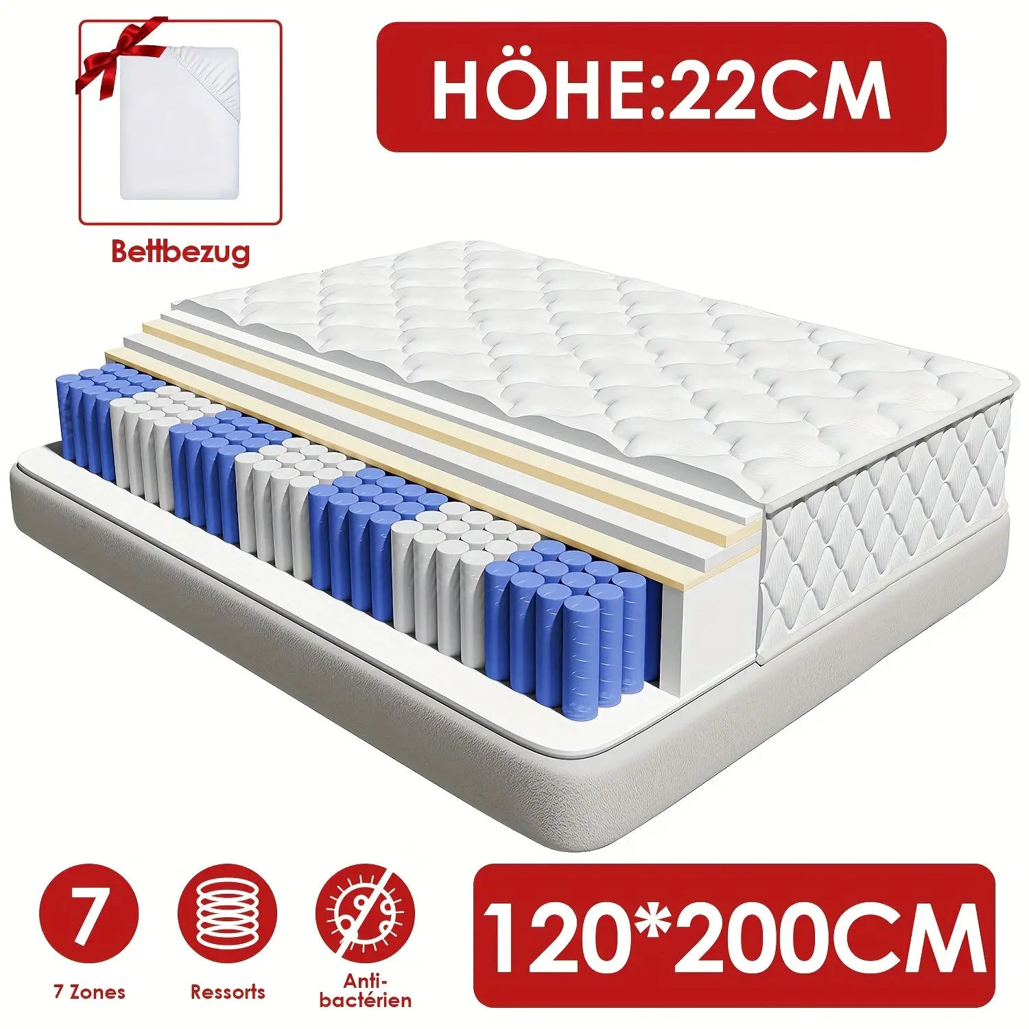 Gronfont Matratze 90x200/140x200cm, Höhe 25cm/22cm, Orthopädische 7-Zonen-Federkernmatratze mit Premium-Taschenfederung, Matratze inkl. Spannbetttuch, Härtegrad H3, Erwachsenenmatratze