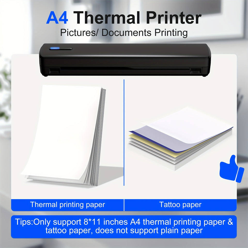 Tragbarer Tintenloser Drucker, Reise-Drahtloser Drucker, Thermischer Tattoo-Druckmaschine, Unterstützt A4 und US-Letter-Thermopapier, Kompatibel mit Smartphones und Laptops, Ideal für Business, Reisen, Büro & Zuhause
