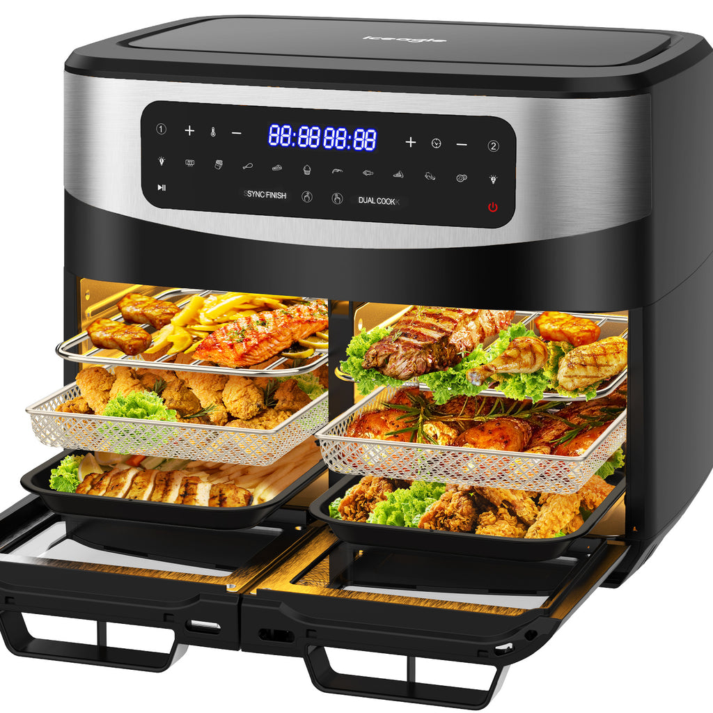 Heißluftfritteuse Doppelkammer Airfryer 12L - Heissluftfriteuse XXL Friteuse mit Sichtfenster, LED Touchscreen, 2 Fächer, 10 Programmen, Sync Finish & Dual Cook, Dörrer Funktion, 2600W