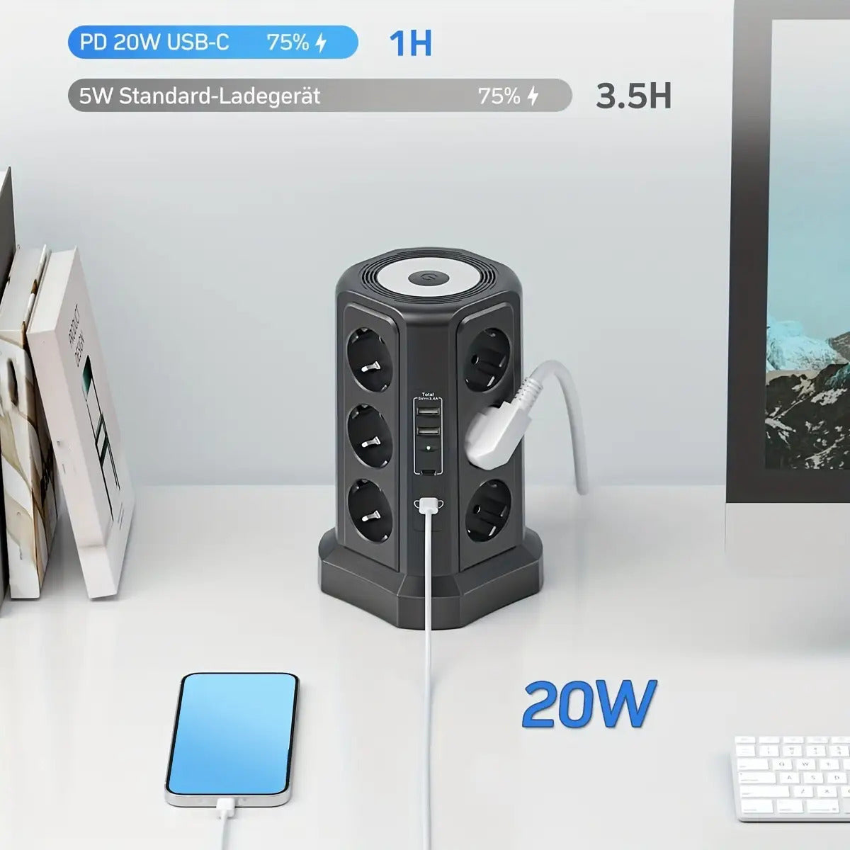 12-Fach Steckdosenleiste (4000W/16A) mit USB-C PD 20W, Turmsteckdose, Spannungsschutz, 4 USB-Anschlüssen und 2m Verlängerungskabel – Mehrfachsteckdose für Zuhause & Gewerbe