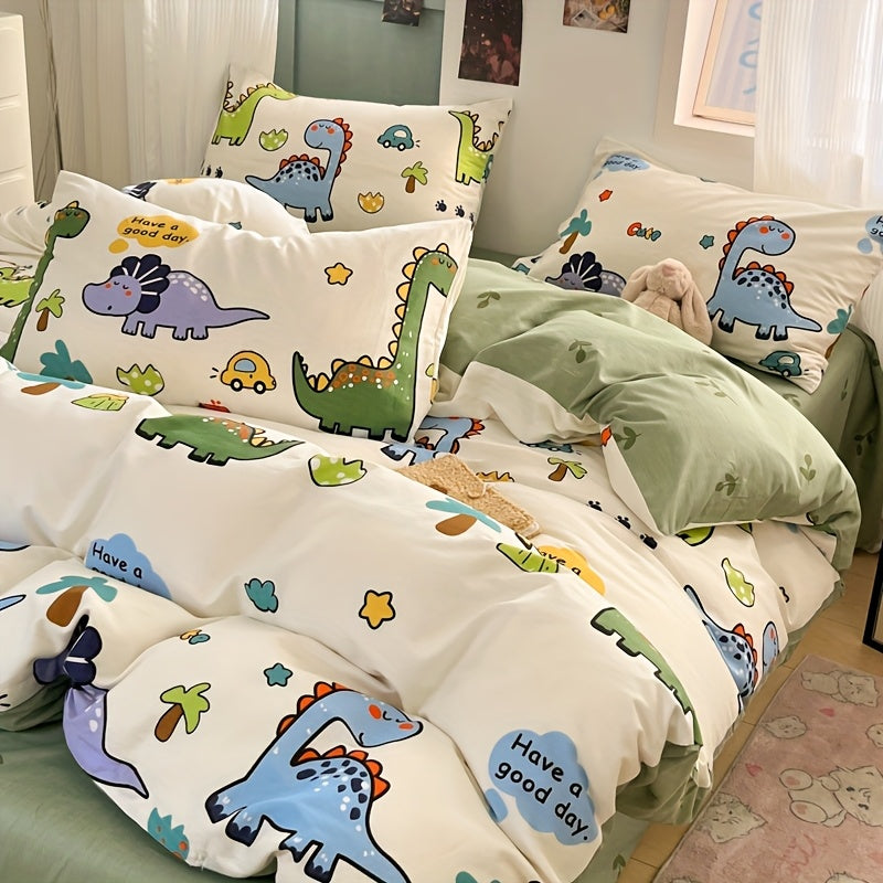 Vier Jahreszeiten Hautfreundlicher Druck Dinosaurier Park Fleece Set, 100% Baumwolle, Inklusive 1 Bettdecke + 2 Kissenbezüge + 1 Spannbettlaken, Weich und atmungsaktiv, Schweißableitend, Einfach aber elegant, Maschinenwaschbar