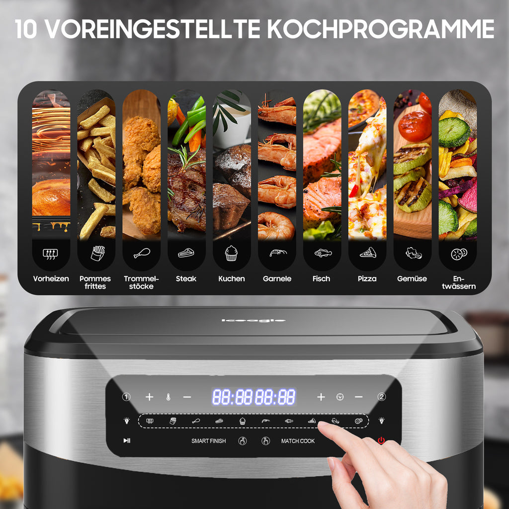 Hot Air Fryer Double Chamber Airfryer 12L - XXL Hot Air Fryer with Viewing Window, LED Touchscreen, 2 Baskets, 10 Programs, Sync Finish & Dual Cook, Dehydrator Function, 2600W