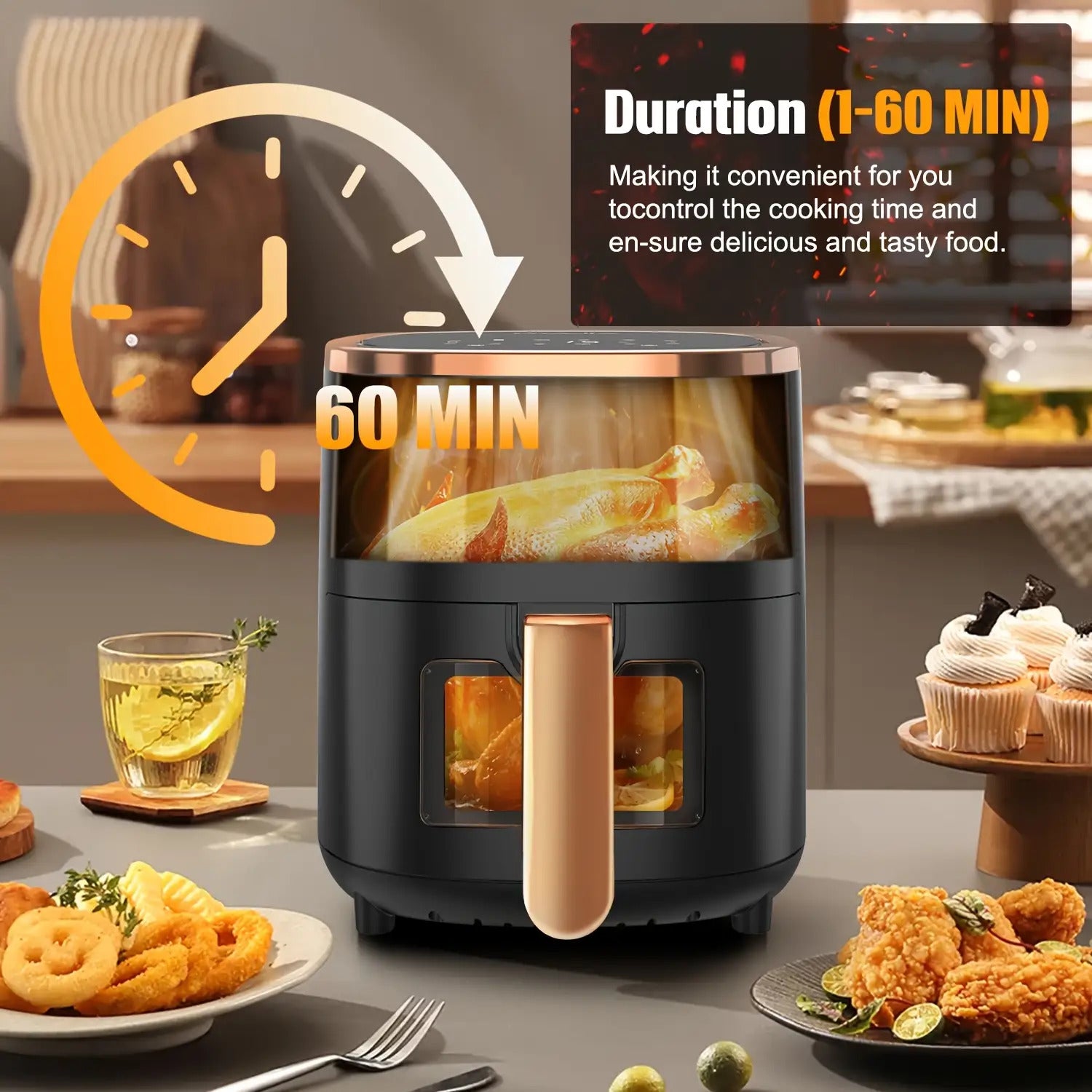 5L Großvolumige Heißluftfritteuse, Glas-Korb-Design, 1800W, 8 Touch-Voreinstellungen, Leicht zu Reinigen, Gesundes und Ölfreies Braten, Geeignet für Familientreffen & Küchengebrauch