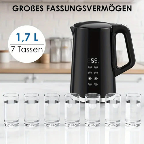 1.7L Edelstahl-Elektrischer Wasserkocher mit Digitaler Temperaturregelung (40-100°C), Doppelwandig Isoliert, Trockenlaufschutz, BPA-frei, Schwarz - Perfekt für den Hausgebrauch und den Gewerbegebrauch
