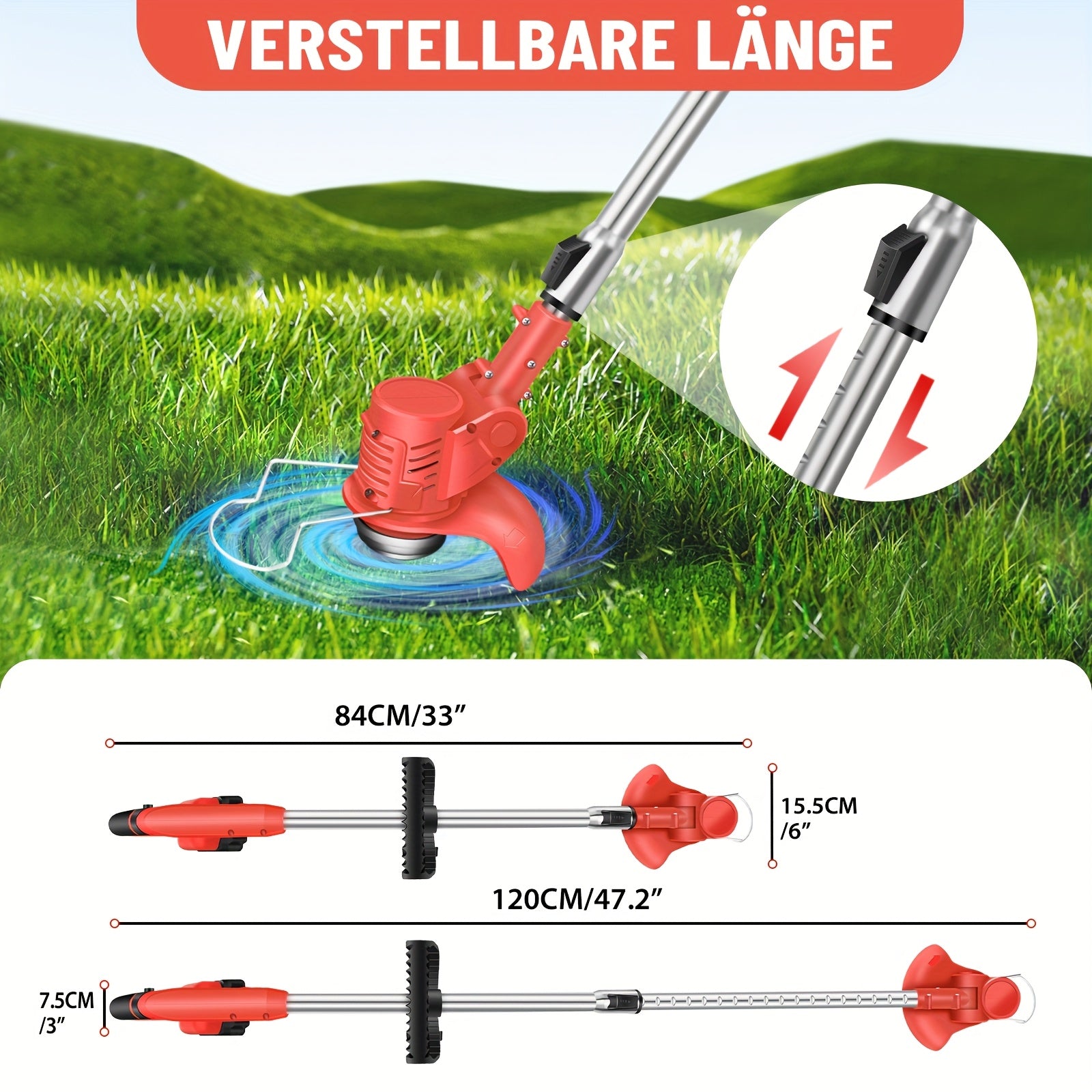 21V Akku-Elektro-Trimmer mit Akku und Messern, Teleskopfaltbare 90° Drehkopf, Batteriebetrieben, für Garten, Rasen und Ackerland