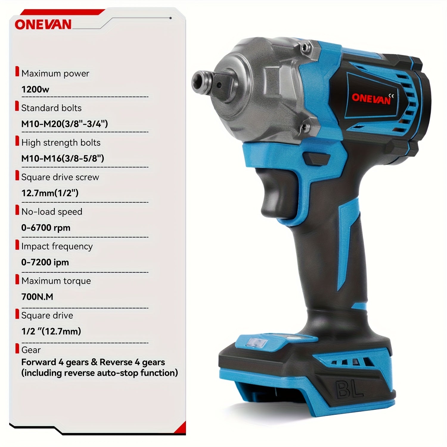 700N.m Brushless Electric Wrench, 1/2 Inch Screwdriverless Electric Drill Set, 4 Adjustable Gears For Car Repair, Furniture And Scaffolding Installation, Compatible With ONEVAN Batteries, Power Tool Gift For Husband