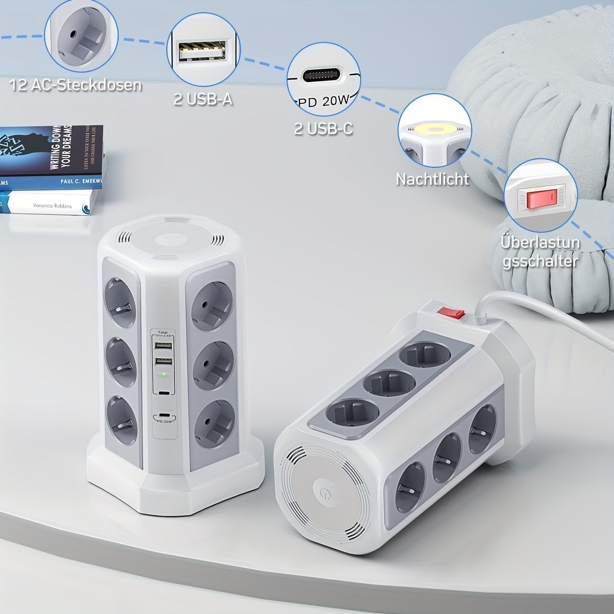 12-Fach Steckdosenleiste (4000W/16A) mit USB-C PD 20W, Turmsteckdose, Spannungsschutz, 4 USB-Anschlüssen und 2m Verlängerungskabel – Mehrfachsteckdose für Zuhause & Gewerbe