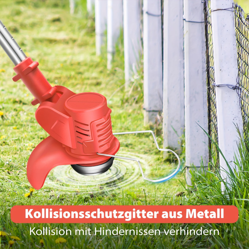 21V Akku-Elektro-Trimmer mit Akku und Messern, Teleskopfaltbare 90° Drehkopf, Batteriebetrieben, für Garten, Rasen und Ackerland