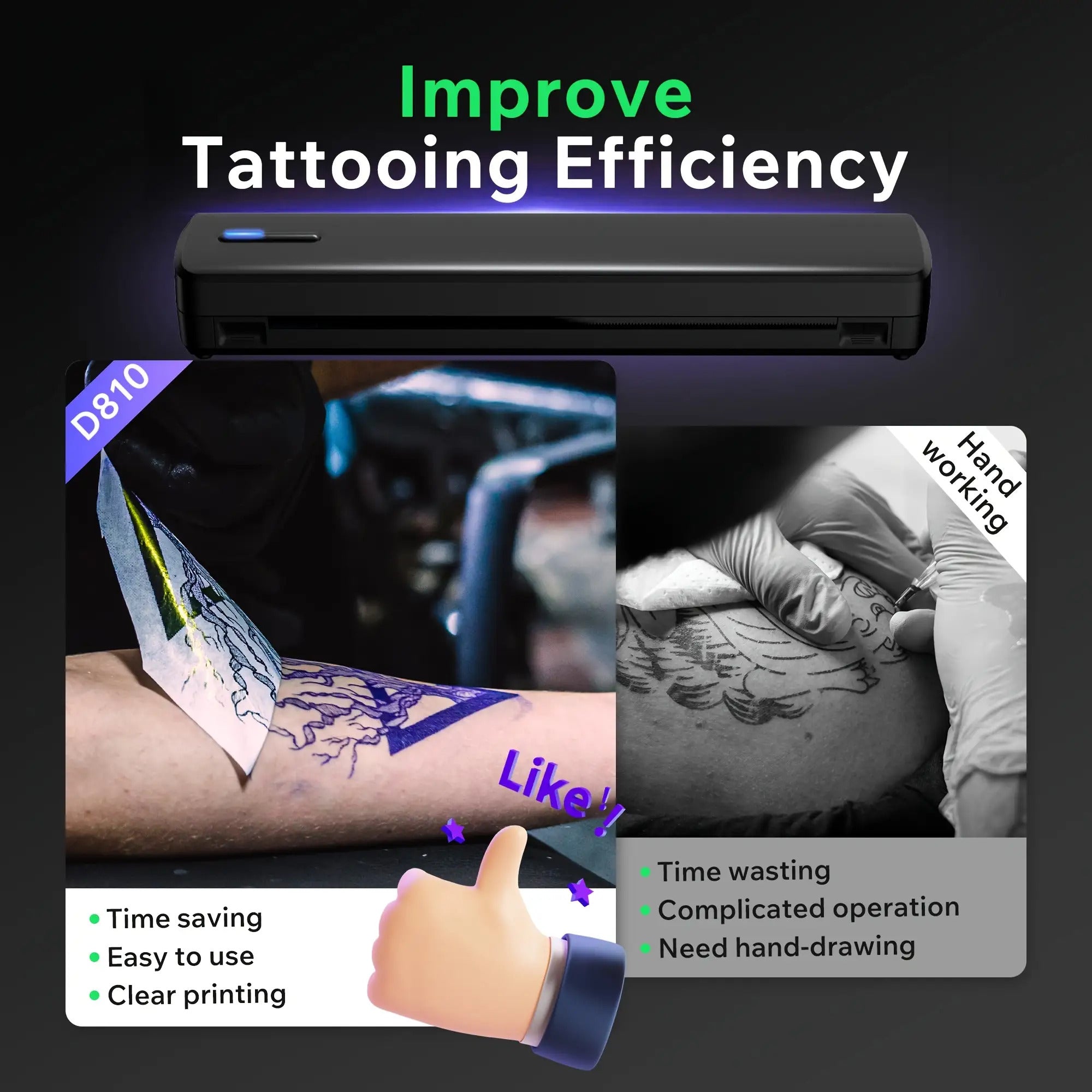 Tragbarer Tintenloser Drucker, Reise-Drahtloser Drucker, Thermischer Tattoo-Druckmaschine, Unterstützt A4 und US-Letter-Thermopapier, Kompatibel mit Smartphones und Laptops, Ideal für Business, Reisen, Büro & Zuhause