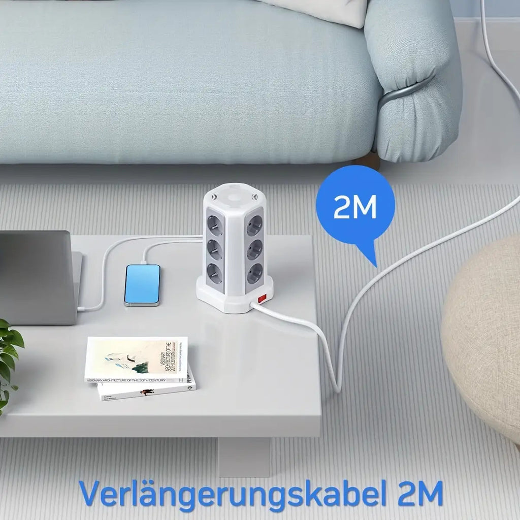 12-Fach Steckdosenleiste (4000W/16A) mit USB-C PD 20W, Turmsteckdose, Spannungsschutz, 4 USB-Anschlüssen und 2m Verlängerungskabel – Mehrfachsteckdose für Zuhause & Gewerbe