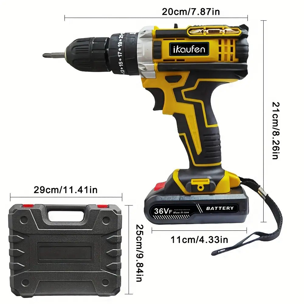 3-in-1 Schwarzer Impact-Bohrer mit 36V wiederaufladbarem Akku, Kapazität 2,0Ah und 2,0Ah/1,0Ah Kombipack - ergonomische Handhabung, LED-Licht, 12+ Zubehör für Heimwerker, Bau, DIY-Projekte, Baugeräte, schlanker Werkzeugdesign, langlebige Konstruktion