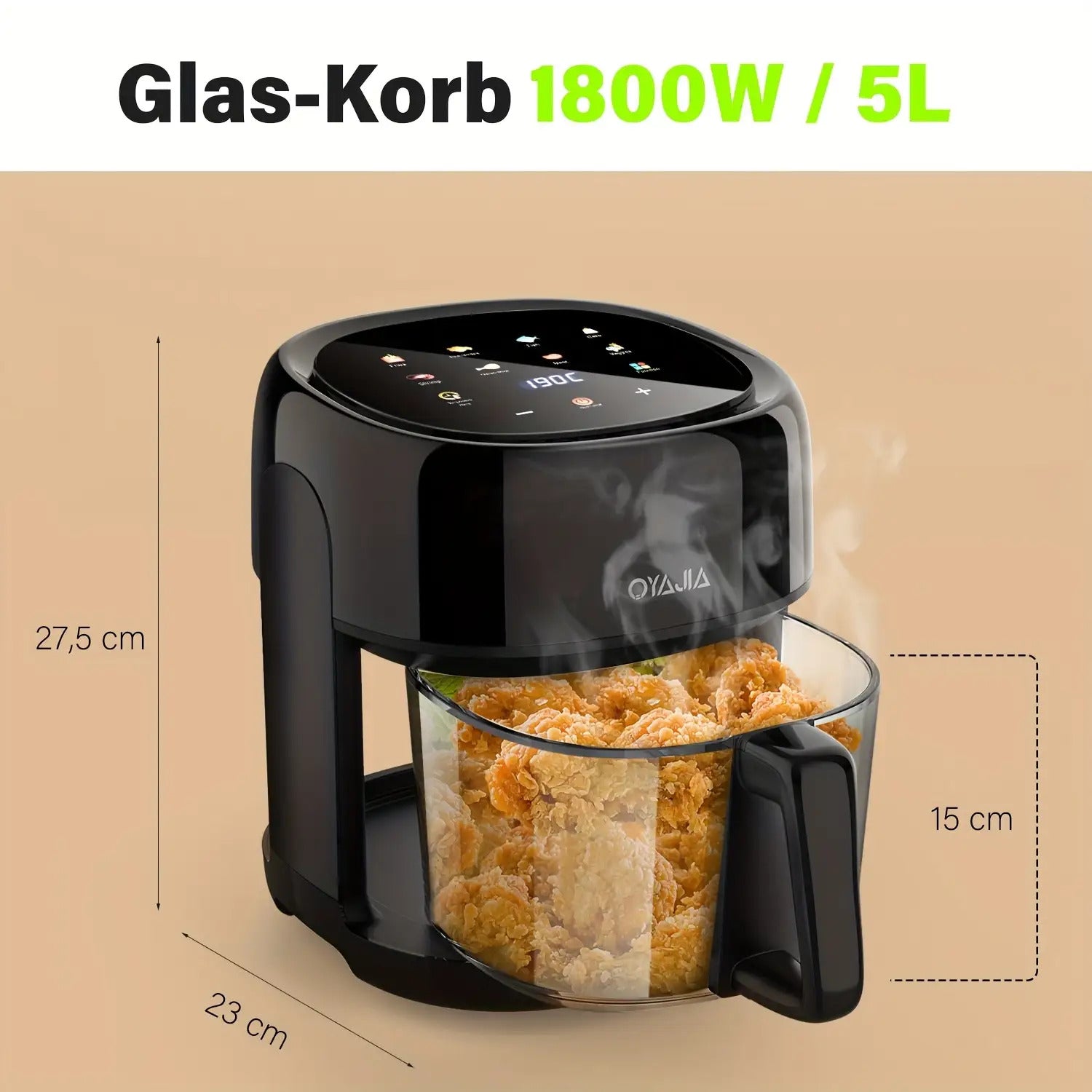 5L Großvolumige Heißluftfritteuse, Glas-Korb-Design, 1800W, 8 Touch-Voreinstellungen, Leicht zu Reinigen, Gesundes und Ölfreies Braten, Geeignet für Familientreffen & Küchengebrauch