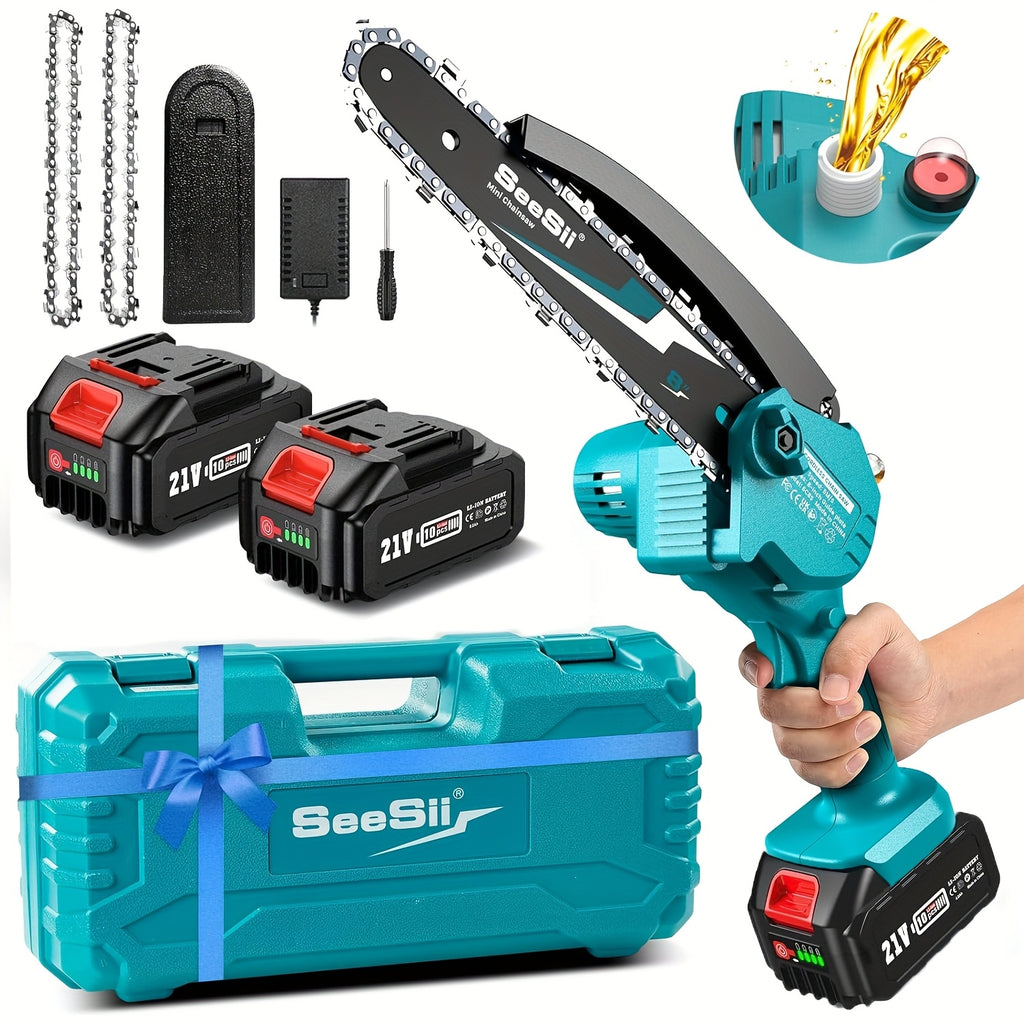 8-Inch 8000Mah Battery Micro Chainsaw, SEESII Cordless Micro Electric Chainsaw with Lubricant Injector And 2 4.0Mah Batteries