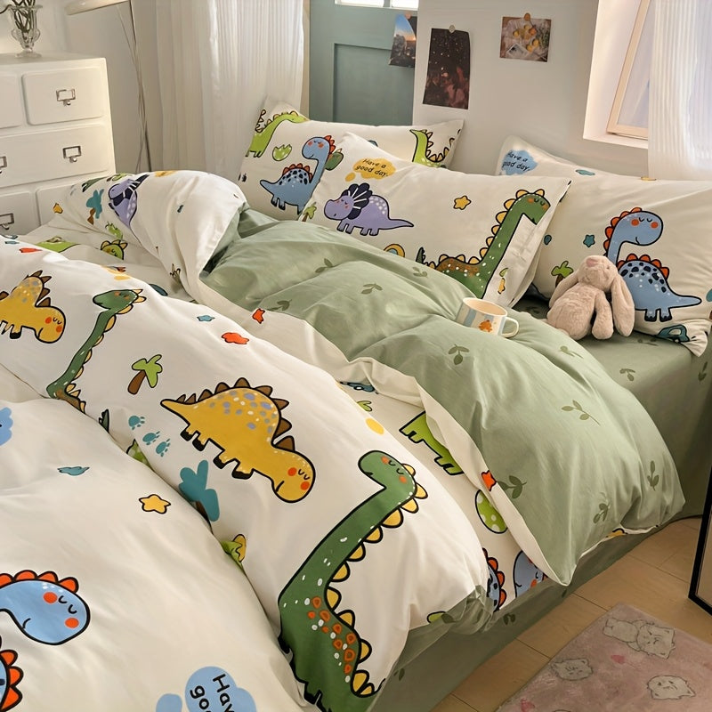 Vier Jahreszeiten Hautfreundlicher Druck Dinosaurier Park Fleece Set, 100% Baumwolle, Inklusive 1 Bettdecke + 2 Kissenbezüge + 1 Spannbettlaken, Weich und atmungsaktiv, Schweißableitend, Einfach aber elegant, Maschinenwaschbar