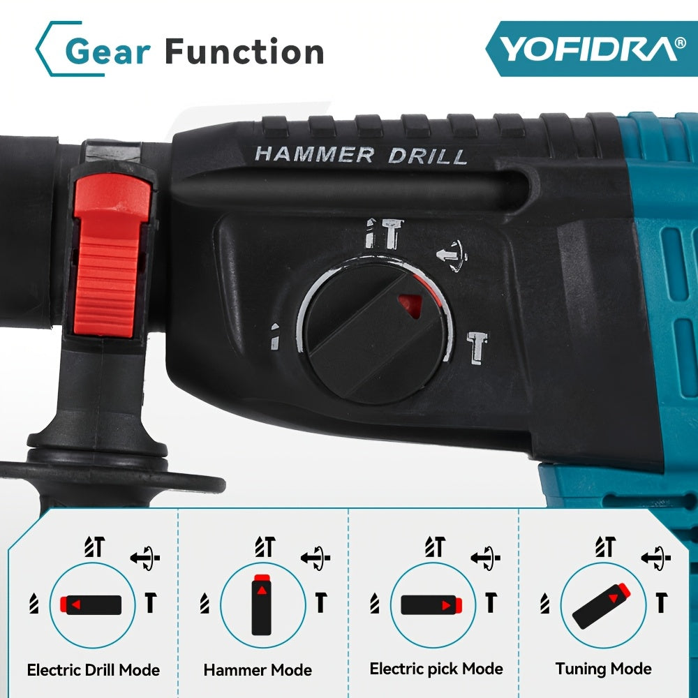 Brushless Elektro-Hammerbohrer, 26mm mit Bohrer, 4-Gang Akku-Schlagbohrmaschine für Beton, Stahl und Holz, kompatibel mit YOFIDRA-Akku
