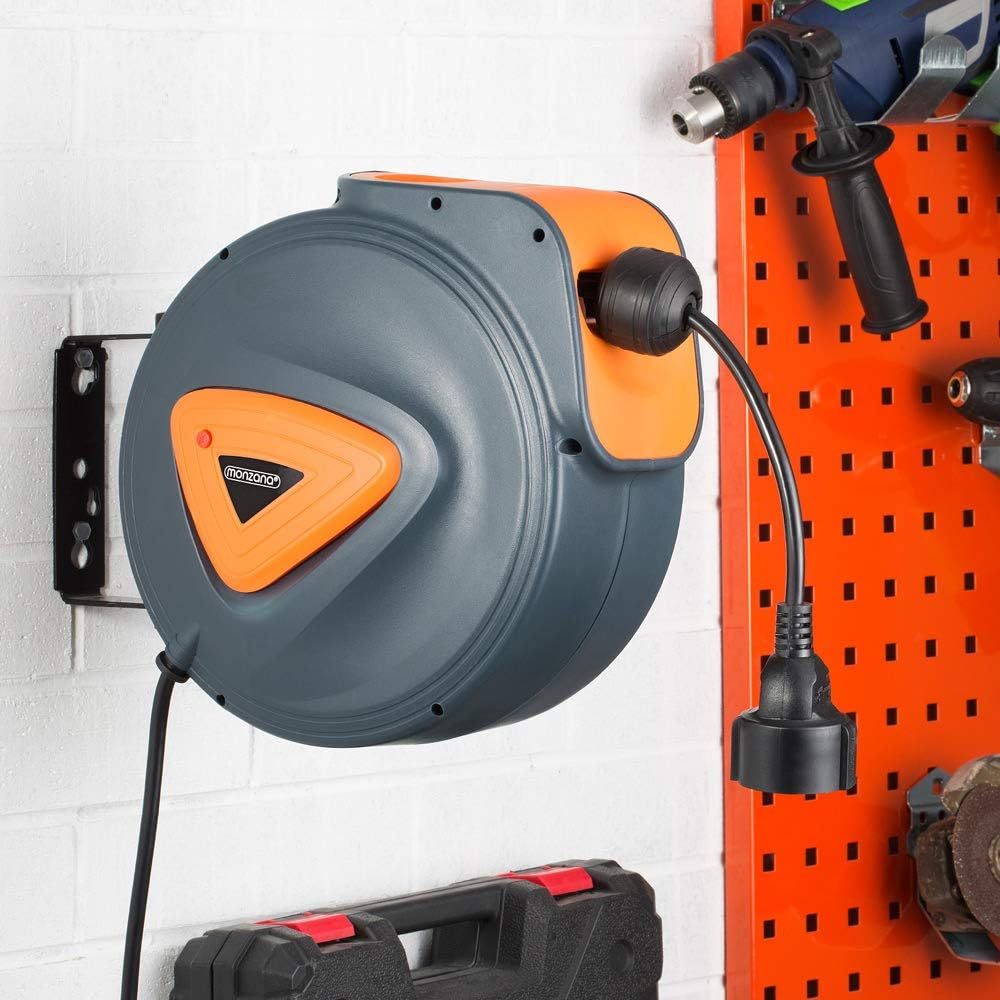 Automatischer Kabelrollen 20m + 1.5m 180° drehbarer Wandhalter selbstzusammenziehende automatische Kabelwinder für Decken- und Wandmontage 220-240V Steckdosenbetrieb Europäischer Standardstecker Kunststoffmaterial ohne Batterie 0-Gauge