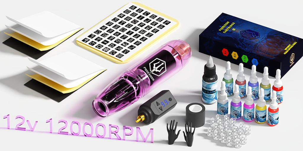 POSEIDON Tattoo-Maschinen-Set Komplettset mit 20 Tätowier-Nadeln, 1500mAh Akku, kabellose Tätowiermaschine inklusive 11 Tinten – Perfekt für Anfänger und professionelle Künstler