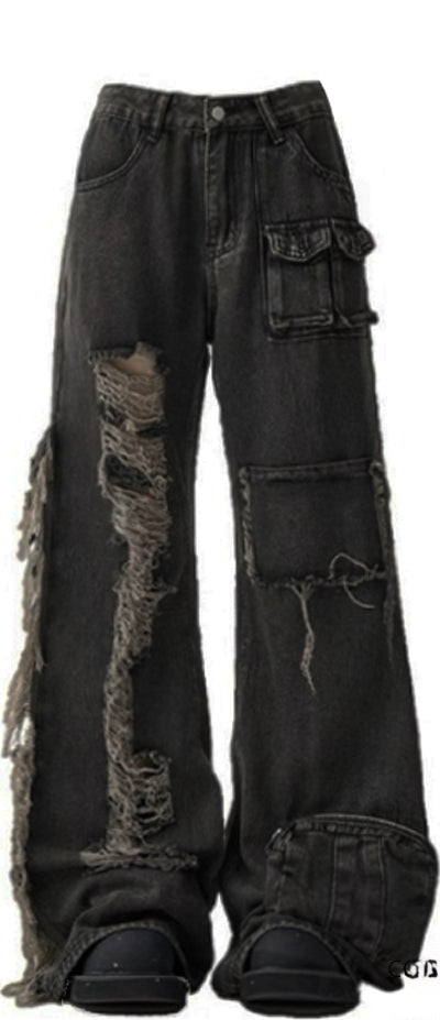 2024 New Spice Girl Black Tassel Ripped Jeans Children's American Retro Pocket Tooling Wide Leg Pants