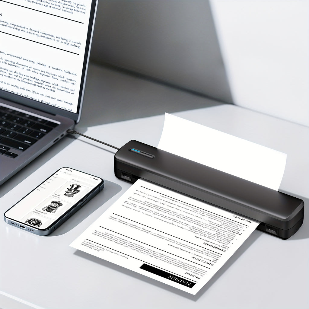 Tragbarer Tintenloser Drucker, Reise-Drahtloser Drucker, Thermischer Tattoo-Druckmaschine, Unterstützt A4 und US-Letter-Thermopapier, Kompatibel mit Smartphones und Laptops, Ideal für Business, Reisen, Büro & Zuhause