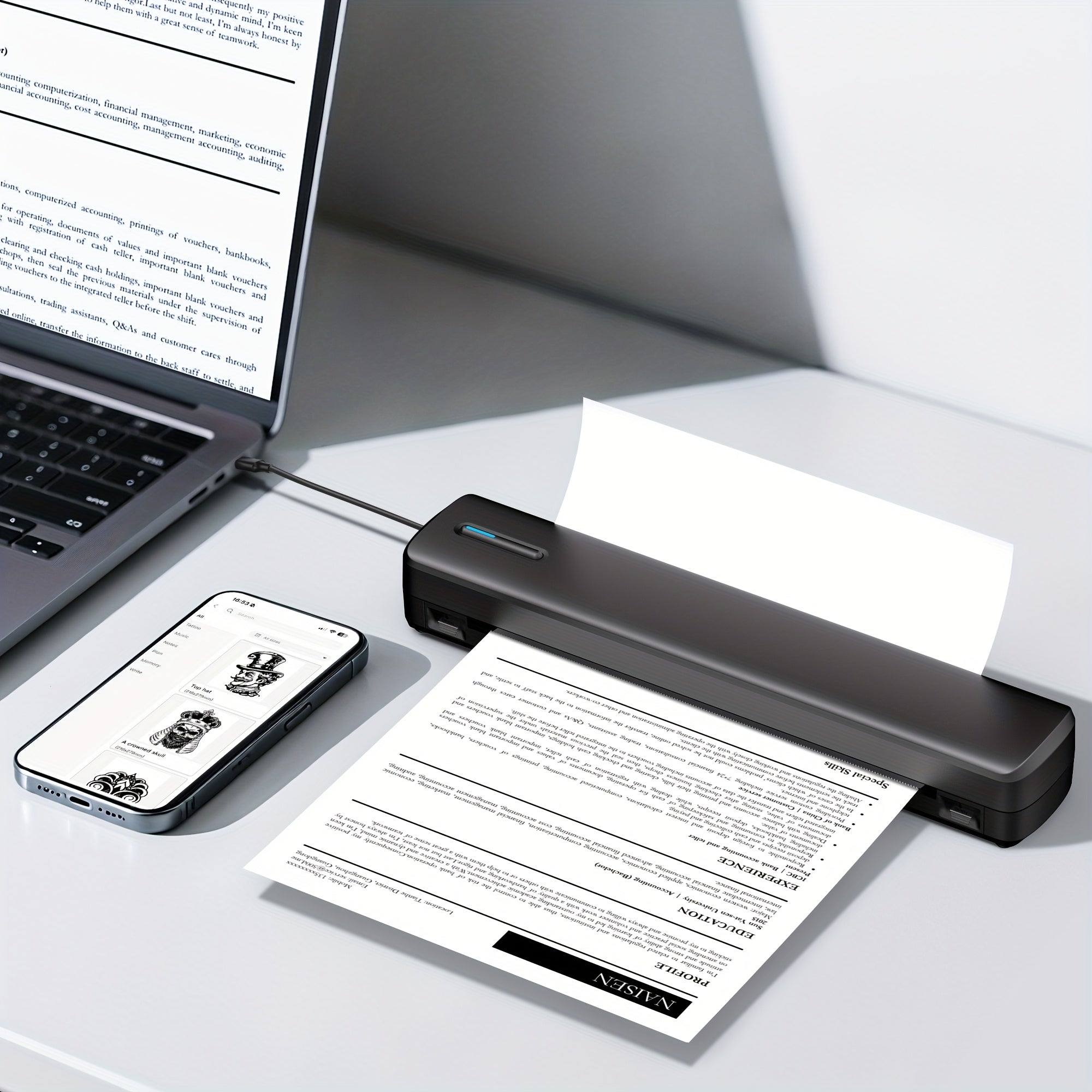 Tragbarer Tintenloser Drucker, Reise-Drahtloser Drucker, Thermischer Tattoo-Druckmaschine, Unterstützt A4 und US-Letter-Thermopapier, Kompatibel mit Smartphones und Laptops, Ideal für Business, Reisen, Büro & Zuhause