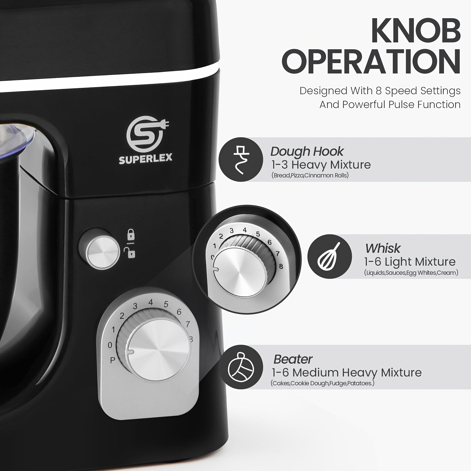 SUPERLEX 3-in-1 Standmixer 5L mit 8 Geschwindigkeiten, Küchenmaschine mit Pulsfunktion, Teighaken, Schneebesen und Rührbesen für Kuchen und Brot, 1300W [Energieklasse A+++