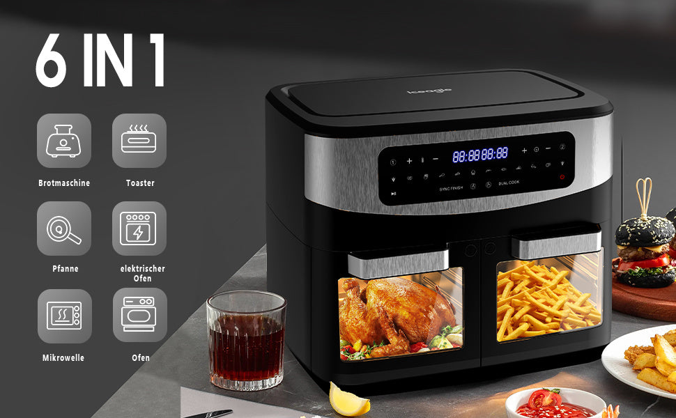 Heißluftfritteuse Doppelkammer Airfryer 12L - Heissluftfriteuse XXL Friteuse mit Sichtfenster, LED Touchscreen, 2 Fächer, 10 Programmen, Sync Finish & Dual Cook, Dörrer Funktion, 2600W