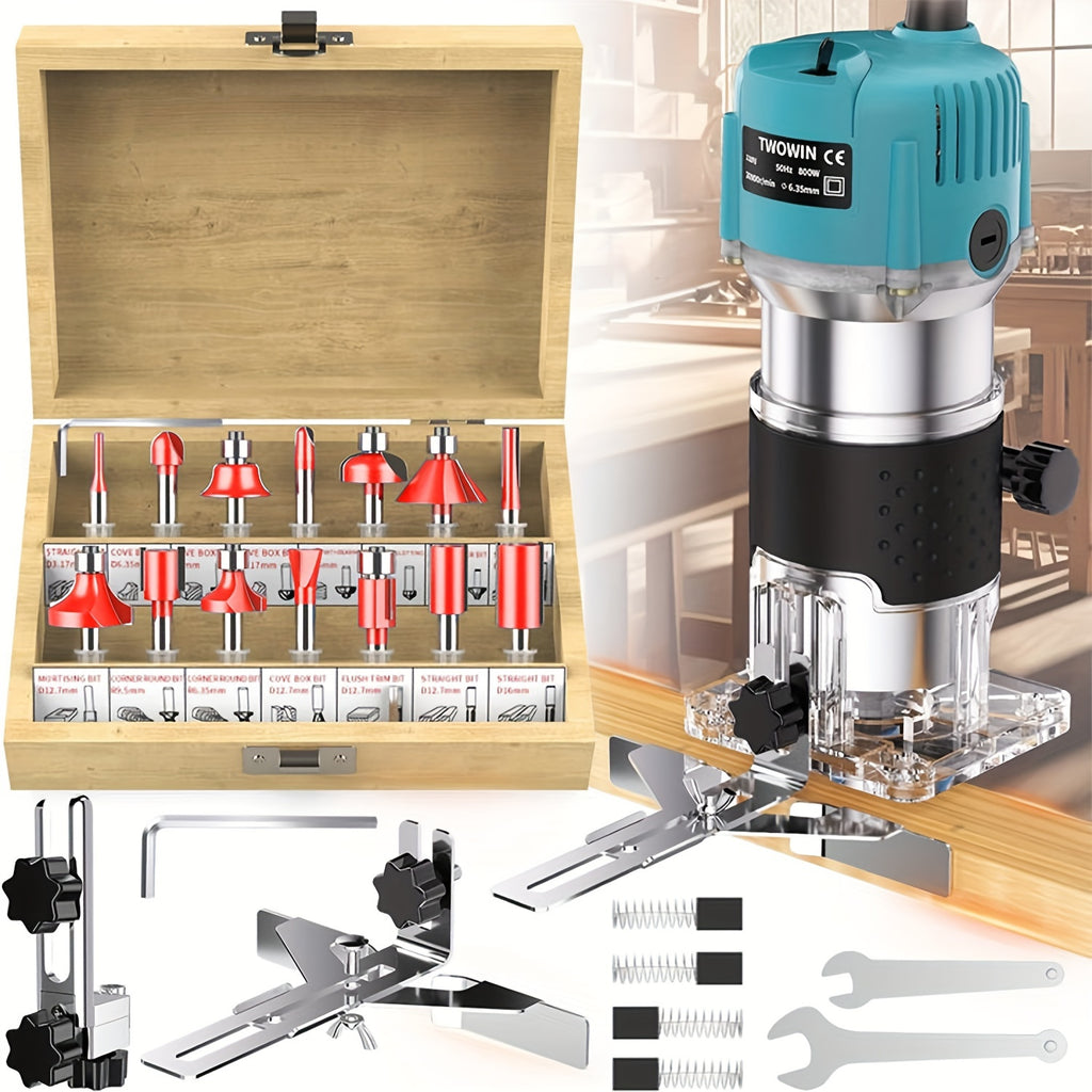 30000 U/min, 800 W Holzfräsmaschine für Schnitzen, Fräsen, Trimmen, Rillen, 1/4 Zoll Spannfutter + präzise Tiefenverstellung, elektrischer Holzschneider, Tischler-Elektrowerkzeug, Fräser-Set (15 Stk.), geeignet für DIY