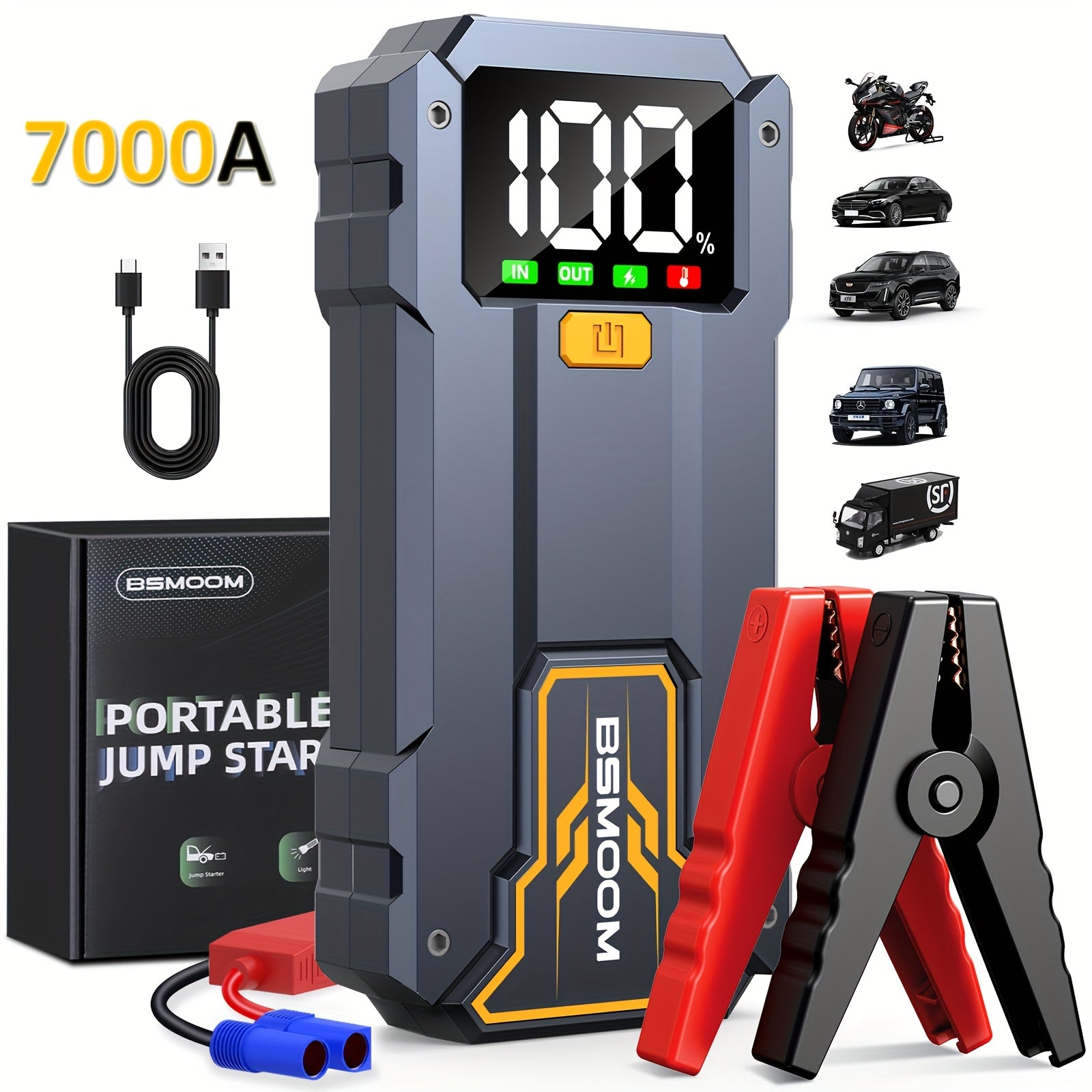 7000A Car Jump Starter With LED Flashlight, Large LCD Screen, 12V Car Emergency Battery Booster Pack, Jump Box, Portable Charger Power Bank
