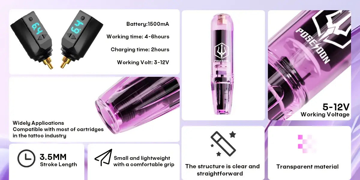 POSEIDON Tattoo-Maschinen-Set Komplettset mit 20 Tätowier-Nadeln, 1500mAh Akku, kabellose Tätowiermaschine inklusive 11 Tinten – Perfekt für Anfänger und professionelle Künstler
