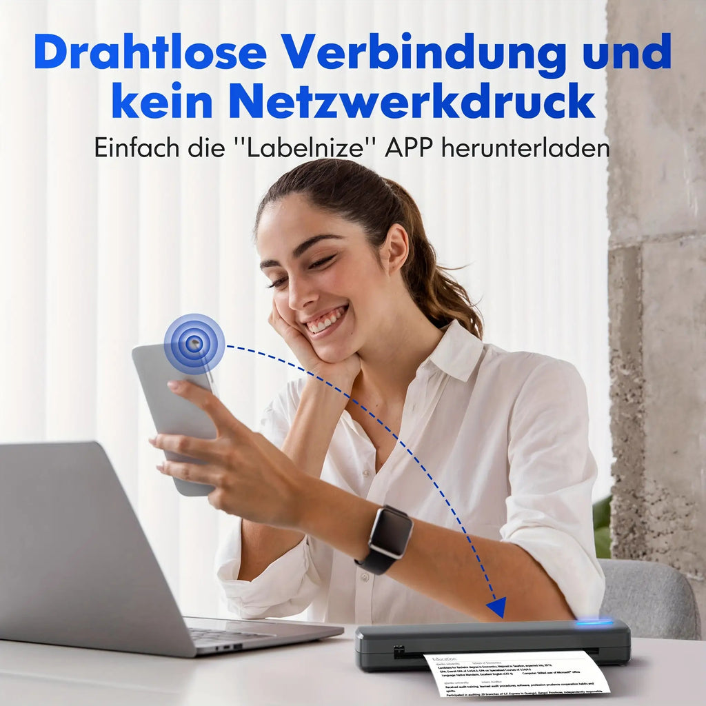 Tragbarer Tintenloser Drucker, Reise-Drahtloser Drucker, Thermischer Tattoo-Druckmaschine, Unterstützt A4 und US-Letter-Thermopapier, Kompatibel mit Smartphones und Laptops, Ideal für Business, Reisen, Büro & Zuhause