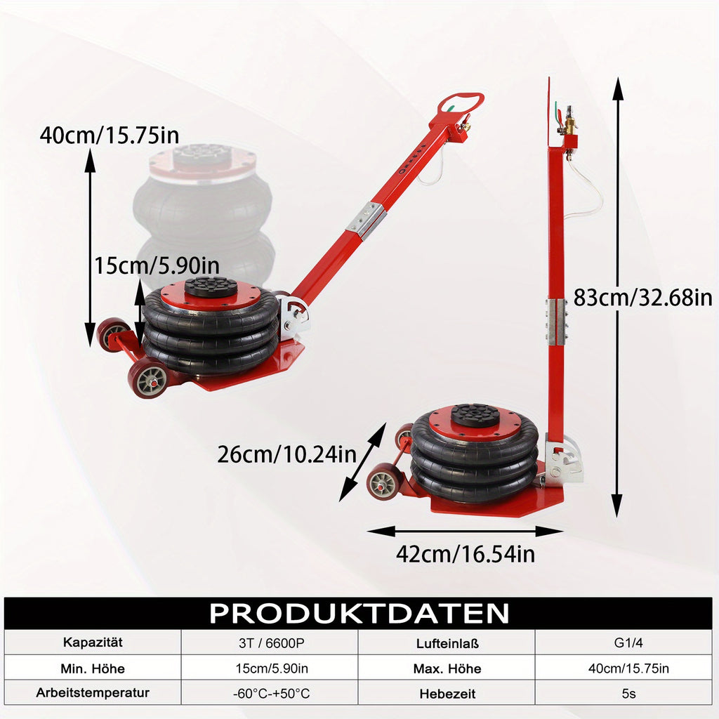3 Tonnen pneumatischer Wagenheber, dreifachbeuteliger Luftheber, 6600 lbs Hebekraft, 40,0 cm/15,74 in Hebehöhe, pneumatischer Druck für Auto/Reifenwerkstatt, Schnellhebevorrichtung