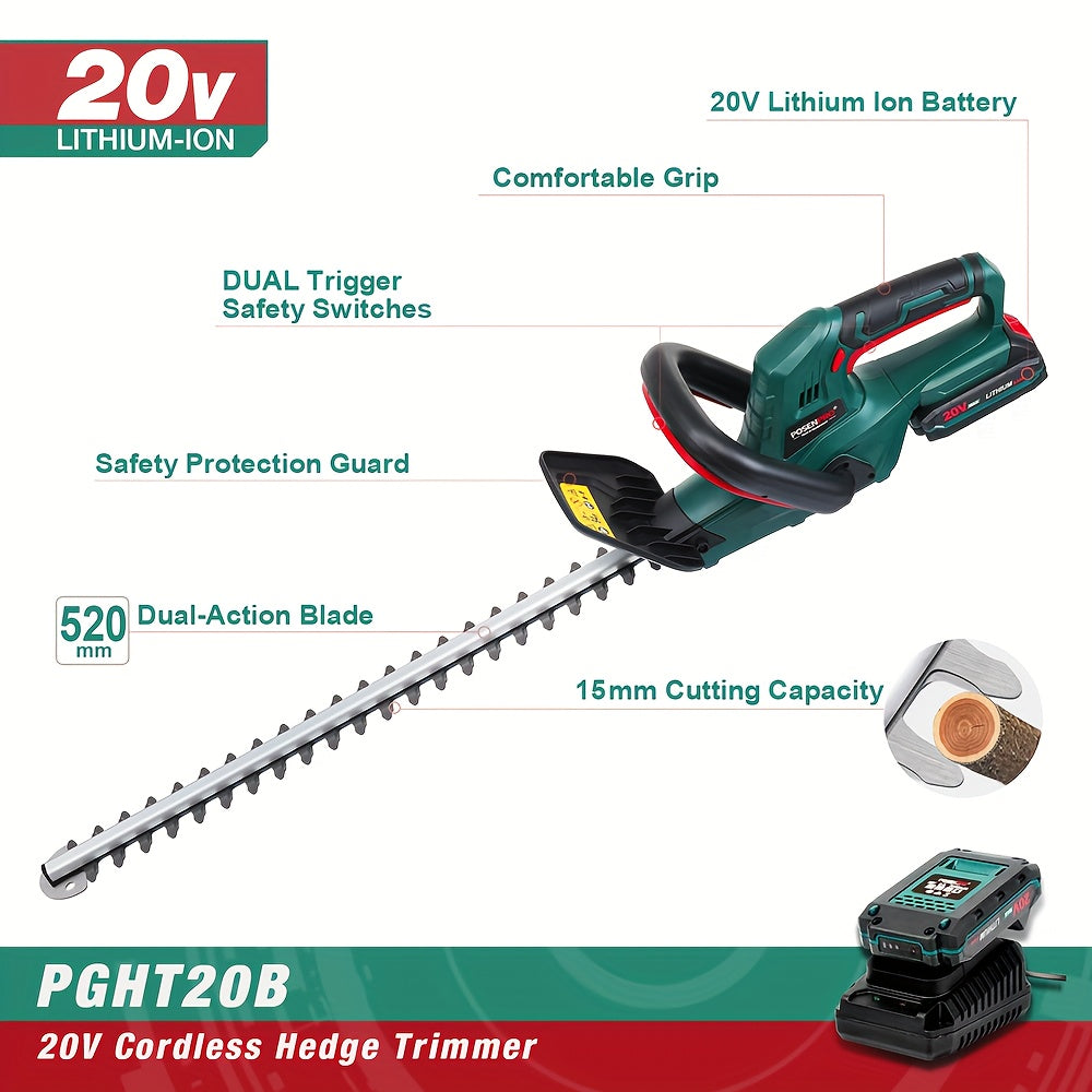 POSENPRO 20V Akku-Gehölztrimmer mit 52 cm Klingenlänge & 15 mm Zahnabstand - 2,0 Ah Lithium-Ionen-Akku, 1H Schnellladegerät, ergonomischer Griff für hohe Hecken und Sträucher – EU-Stecker Gartengeräte, effizientes Design, langlebige Konstruktion