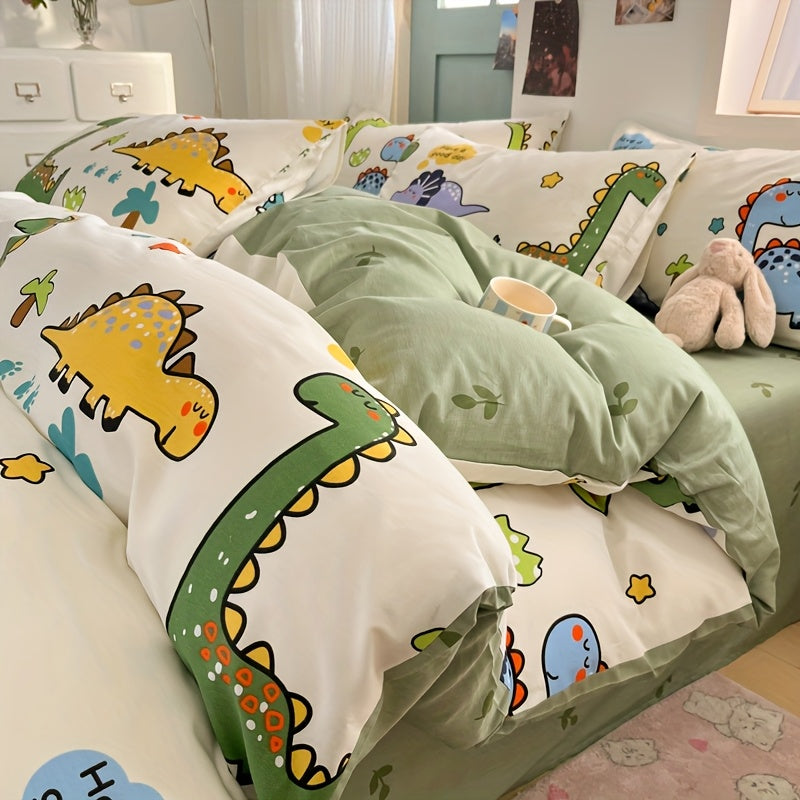 Vier Jahreszeiten Hautfreundlicher Druck Dinosaurier Park Fleece Set, 100% Baumwolle, Inklusive 1 Bettdecke + 2 Kissenbezüge + 1 Spannbettlaken, Weich und atmungsaktiv, Schweißableitend, Einfach aber elegant, Maschinenwaschbar