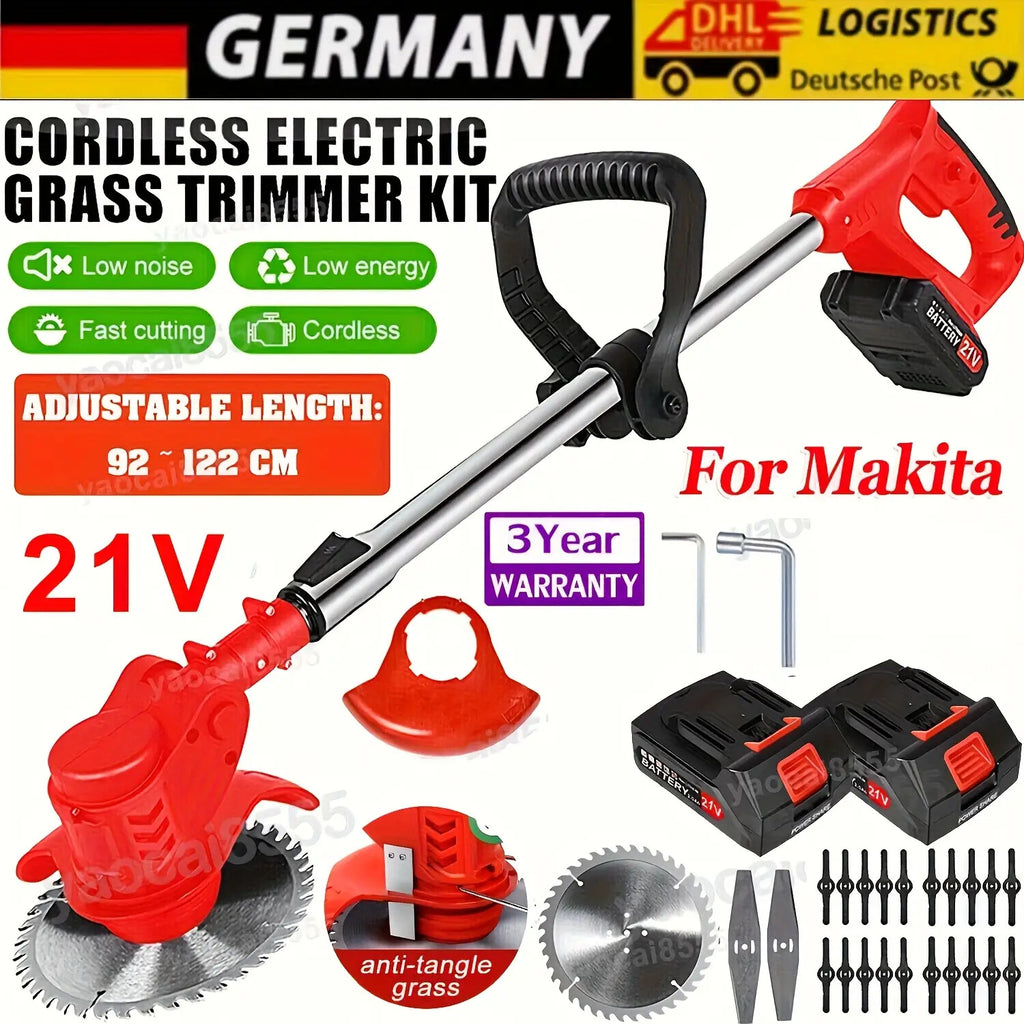 Kabelloser Unkrautstecher, 21V Elektrischer Unkrautfresser mit 2X 2.0Ah Akku, 3 Arten von Klingen, 3-in-1 Schnurlosem Rasenmäher/Kantenfräs/Bürstenmotorsäge für Rasen, Garten und Hofpflege