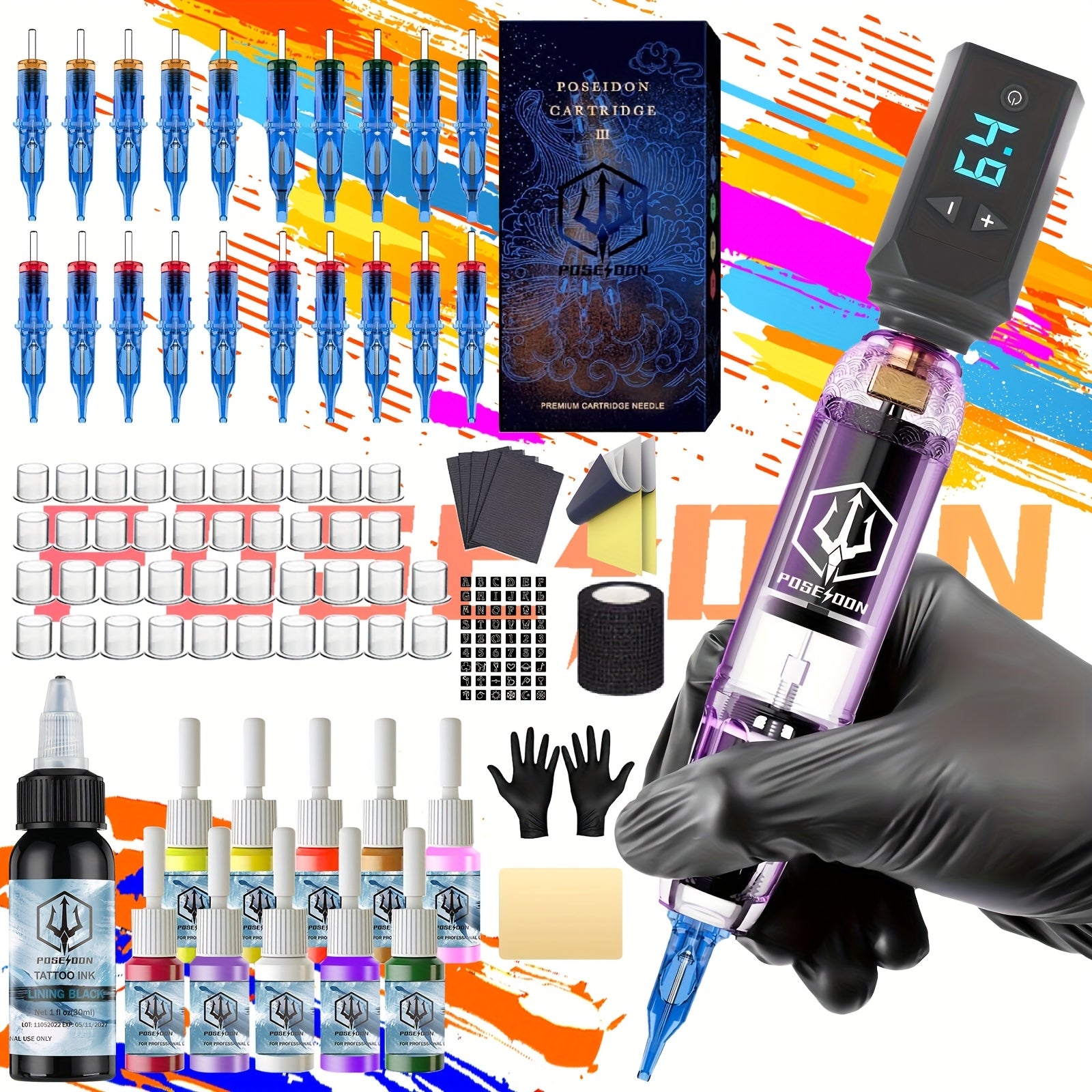 POSEIDON Tattoo Machine Kit Tattoo Gun Kit Complete Set with 20 Tattoo needles 1500mAh Battery, Tattoo Machine Cordless Tattoo Machine Tattoo Supplies 11 Tattoo Inks Complete Cordless Machine for Beginners Tattoo Artists