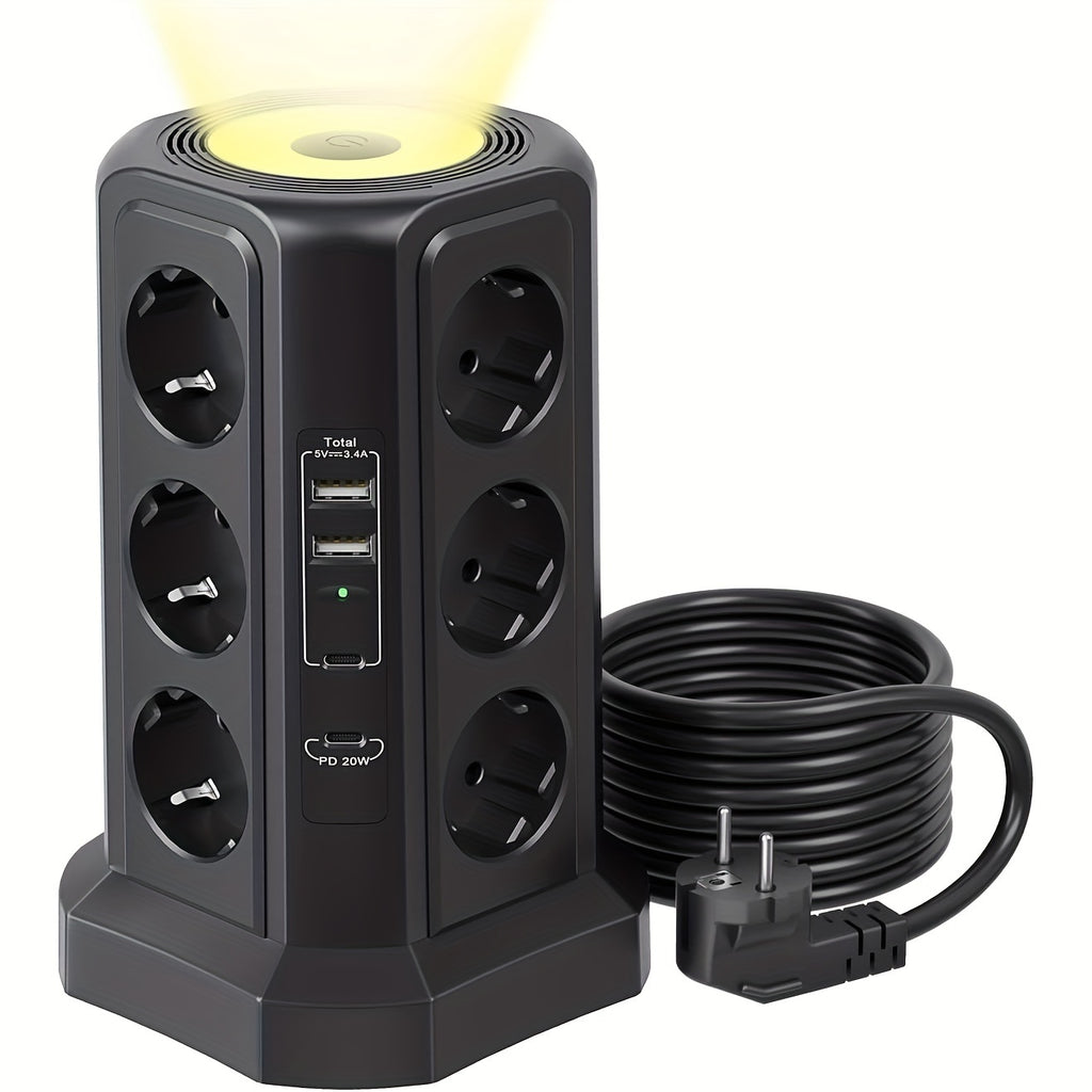12-Fach Steckdosenleiste (4000W/16A) mit USB-C PD 20W, Turmsteckdose, Spannungsschutz, 4 USB-Anschlüssen und 2m Verlängerungskabel – Mehrfachsteckdose für Zuhause & Gewerbe