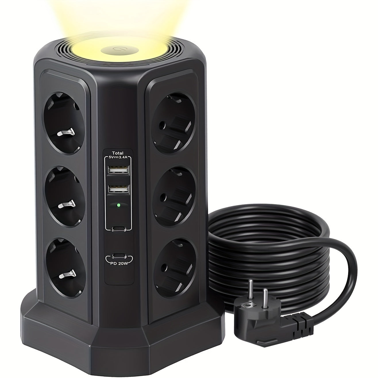 12-Fach Steckdosenleiste (4000W/16A) mit USB-C PD 20W, Turmsteckdose, Spannungsschutz, 4 USB-Anschlüssen und 2m Verlängerungskabel – Mehrfachsteckdose für Zuhause & Gewerbe