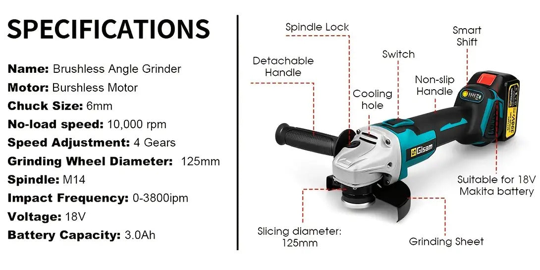 GISAM 125mm M14 Akku-Winkelschleifer, kabellose Schleifmaschine mit bürstenlosem Motor | Metall- und Holzschleifer & Poliermaschine | zum Schleifen, Bürsten und Schleifen