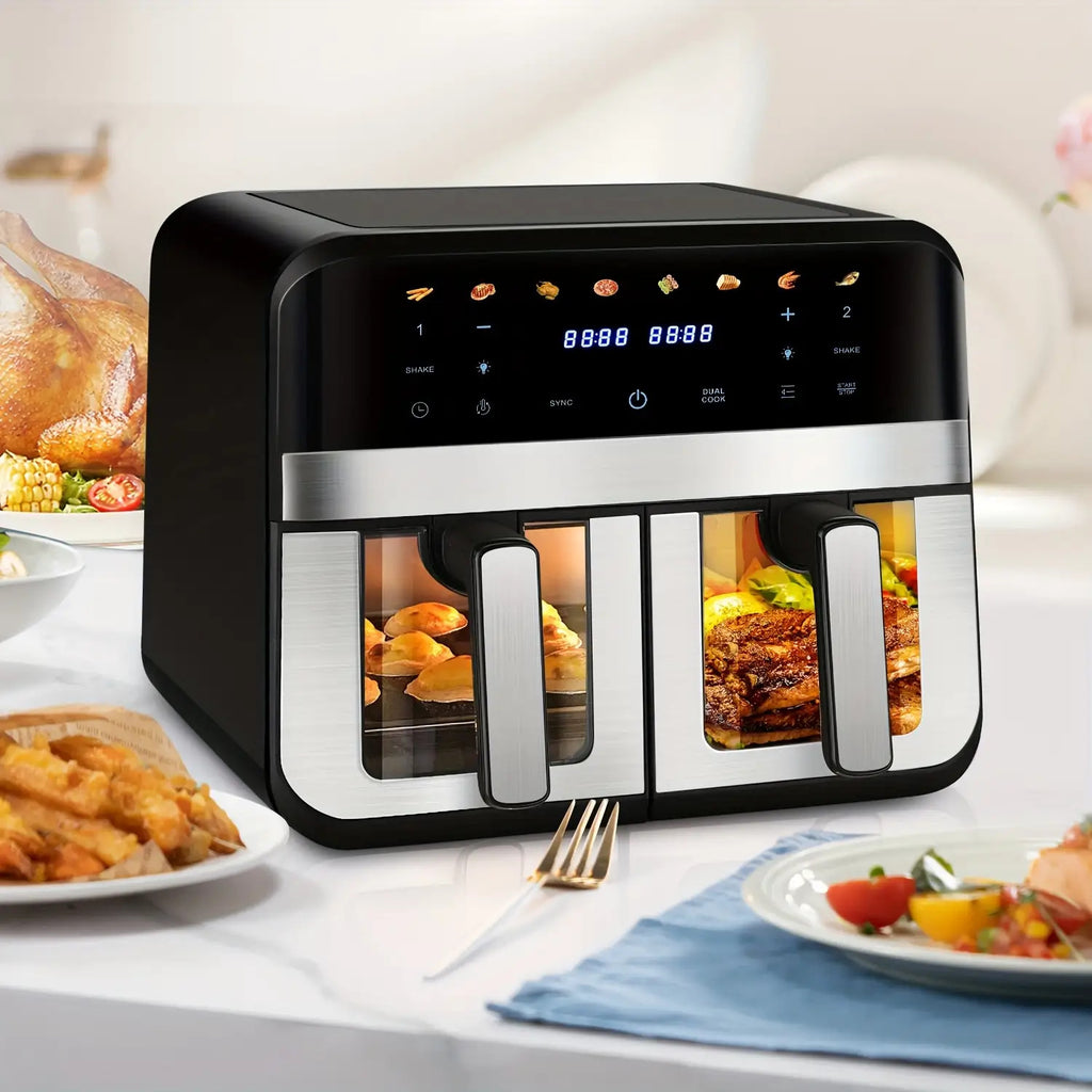 9L Doppel-Luftfritteuse mit Sichtfenster, 8 Kochvorsätze, Touchscreen, LED-Display, Digitale Zonenluftfritteuse mit Kochbuch, Timer & Temperaturkontrolle, Antihaftbeschichtet