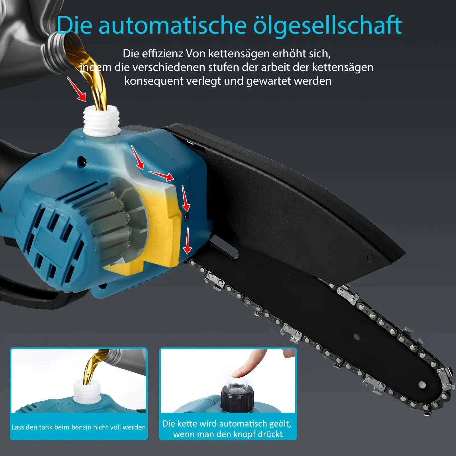 Jemi Tool 6-Zoll-Mini-Kettensäge mit automatischer Schmiersystem, 1/2 * 1.5Ah Akku, mit 1/2 Kette für Holzbearbeitung, Zweigschneiden, Gartenpflege