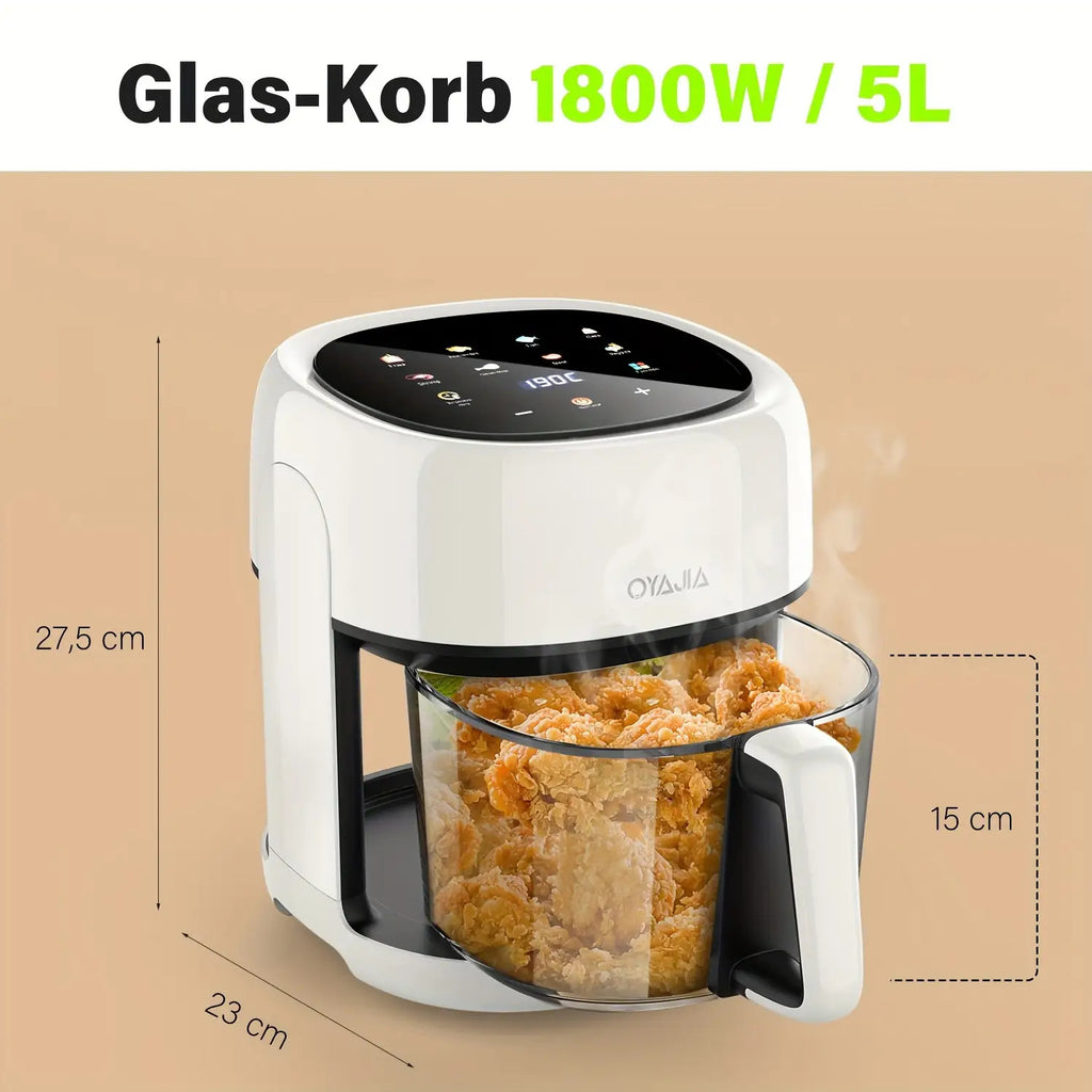5L Großvolumige Heißluftfritteuse, Glas-Korb-Design, 1800W, 8 Touch-Voreinstellungen, Leicht zu Reinigen, Gesundes und Ölfreies Braten, Geeignet für Familientreffen & Küchengebrauch