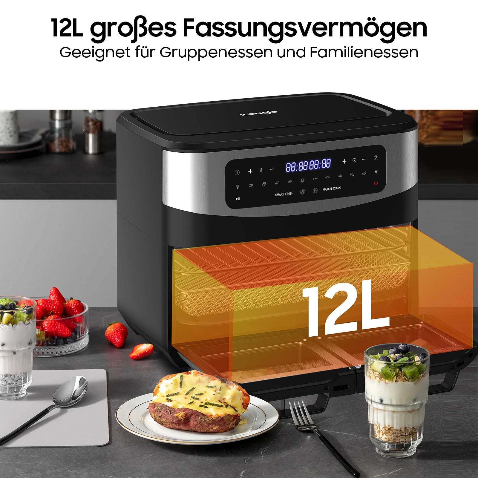 Heißluftfritteuse Doppelkammer Airfryer 12L - Heissluftfriteuse XXL Friteuse mit Sichtfenster, LED Touchscreen, 2 Fächer, 10 Programmen, Sync Finish & Dual Cook, Dörrer Funktion, 2600W